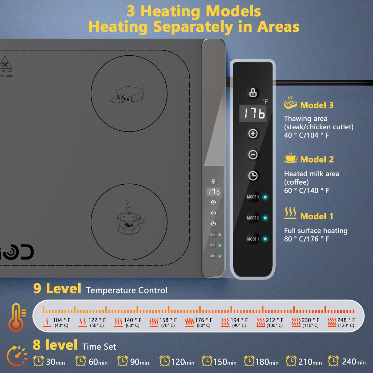 Food Warming Mat with 3-Zone Heating Mode, Redagod Electric Warming Tray with 9 Temperature & 8 Timer Settings, Hook and Roll Up Storage, Portable Countertop Food Heating Mat for Home Daily Use, Gray