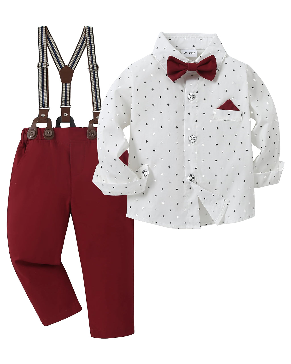DISAUR Boys Church Outfit Short Sleeve White Flower Dress Shirt Bow Tie Suspender Christmas Red Plaid Pants Toddler Formal Outfit Boy 2t 3t 2-3t
