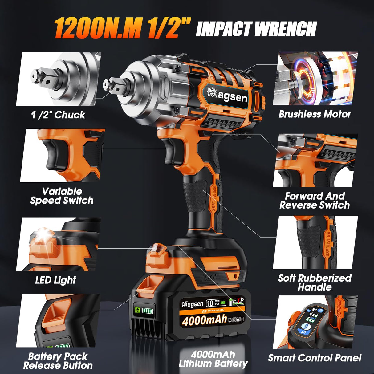 MAGSEN 1/2" Cordless Impact Wrench, 900Ft-lbs (1200N.m) Brushless High Torque Impact Gun,3800RPM,3 Variable Speeds,LED Light,2x4000mAh Battery, 5 Sockets,Electric Impact Gun for Car/Mower/Pickup