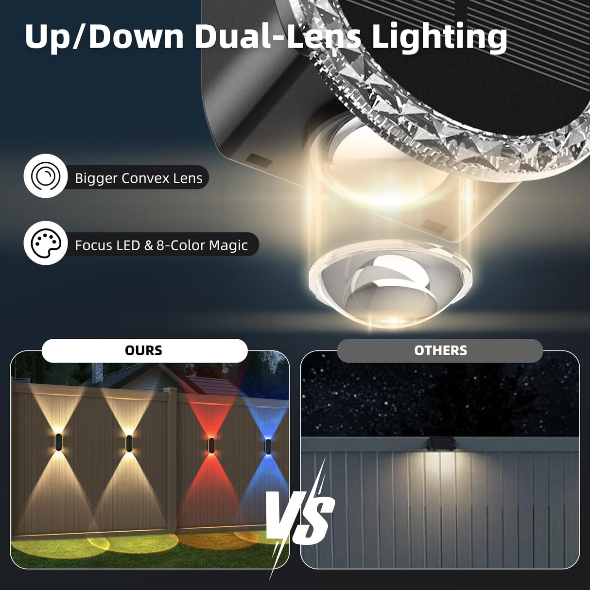 Herzila 4 Pack Solar Fence Lights, RGBW 8-Color Changing Waterproof Top and Bottom Lighting Wall for Landscape/Fence/Patio/Wall/Garden Christmas Solar Lights (2 Installation Modes)