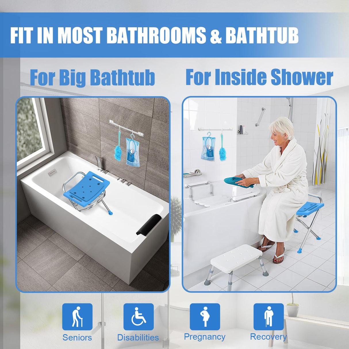 UGarden Folding Shower Chair Seat, 17.5" Stainless Steel Small Shower Chair for Inside Shower, 400lbs Portable Travel Shower Stool, Safety Anti-Slip Bath Chair for Seniors, Disabled, Blue