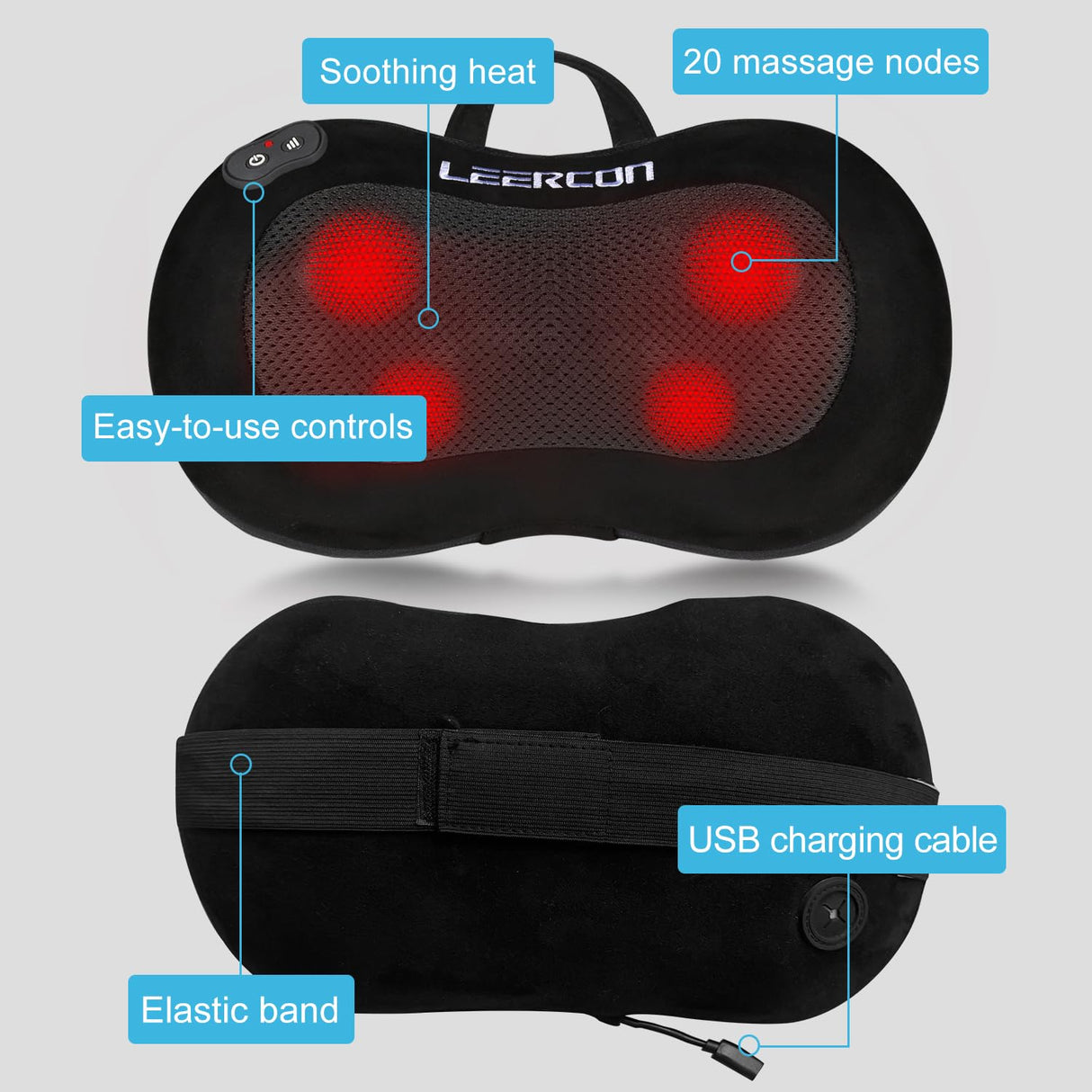 LEERCON Shiatsu Back Massager for Pain Relief Deep Tissue, with Heat Cordless Portable Back and Neck Massager, 3D Kneading Lower Back Electric Massage Pillow for Holiday Gifts for Men Women
