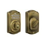 Schlage Camelot Electronic Keypad Deadbolt Lock, Keyless Front Door Entry, Mechanical Key Backup Included, Antique Brass, BE365 CAM 609