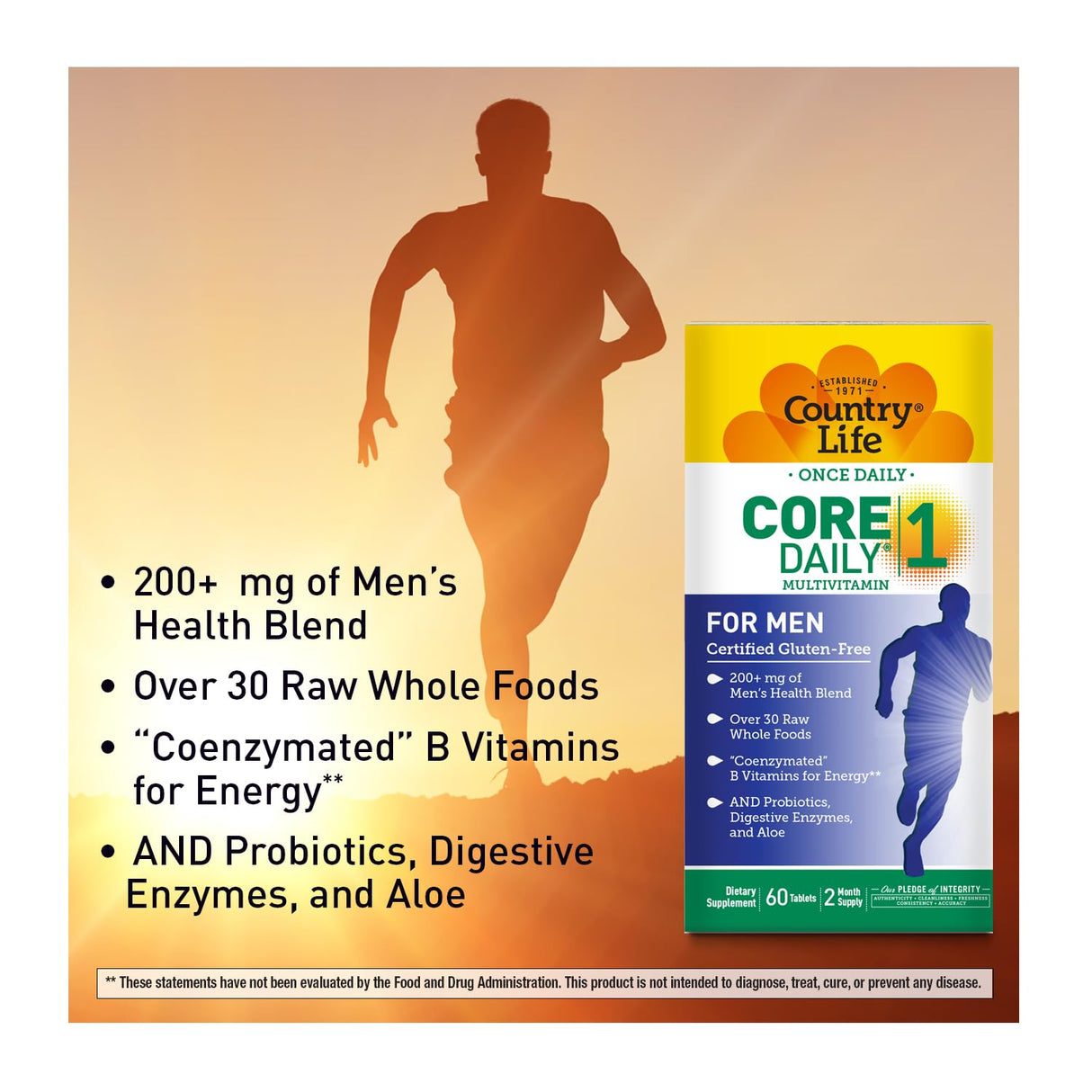 Country Life Core Daily-1 for Men - Multivitamin with Probiotics, Saw Palmetto, Pumpkin Seed Extract, and Coenzymated B Vitamins - Gluten-Free and Vegetarian - 60 Tablets