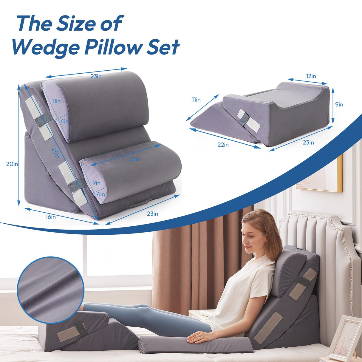 Ahpmeoa 6PCS Wedge Pillow Set for After Surgery, Back Support Pillow for Bed, Bed Wedge Pillow for Post Surgery, Back Rest Pillow for Sitting in Bed, Pillow for Back Pain Relief, Plush Grey