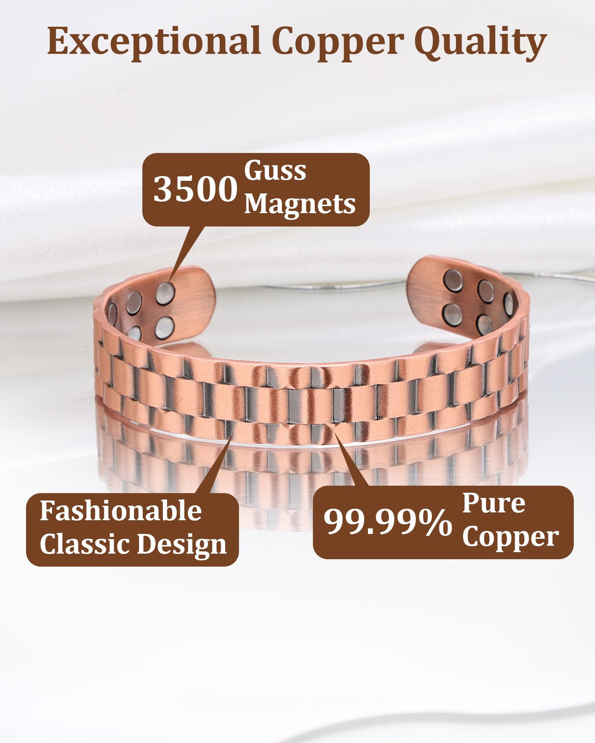 BioMag Magnetic Copper Bracelet for Men, 99.99% Pure Copper Cuff Bangle with 18 Magnets (3500 Gauss), Adjustable Size, Brick Pattern