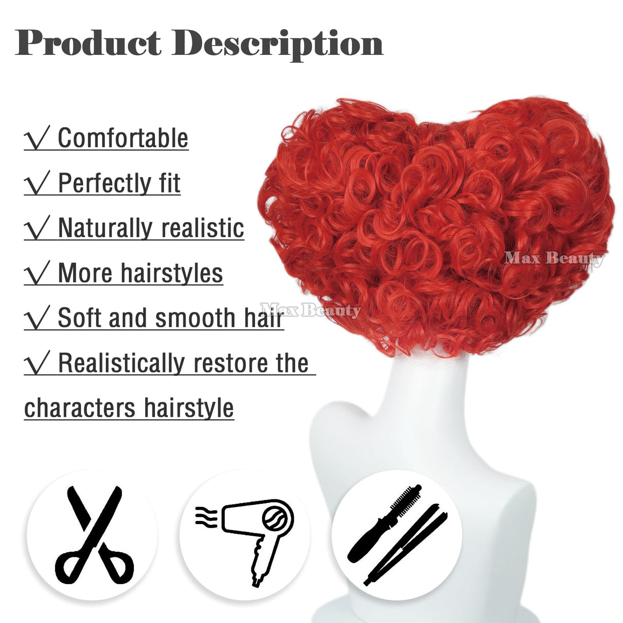 LABEAUTÉ Red Heart of Queen Cosplay Wig with Crown Women Girls Short Curly Wig Heat Resistant Synthetic Hair for Halloween Christmas Party with Cap
