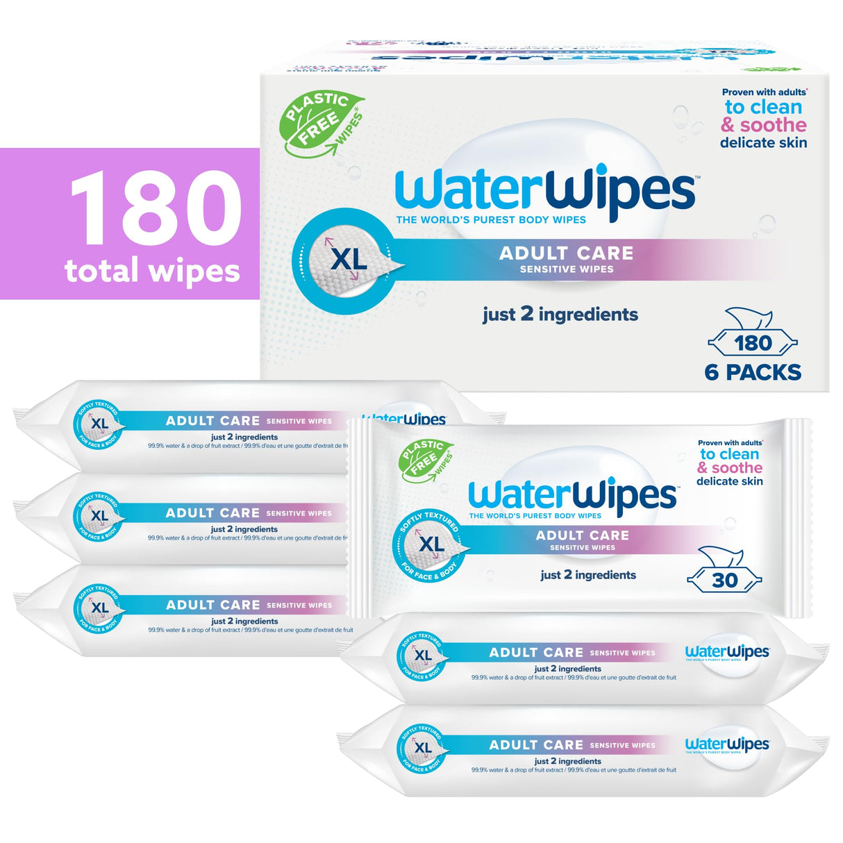 WaterWipes Adult Care Wipes, Extra-large 99.9% Water Based Wipes, Unscented & Hypoallergenic for Sensitive Skin, 180 Count (6 Packs)