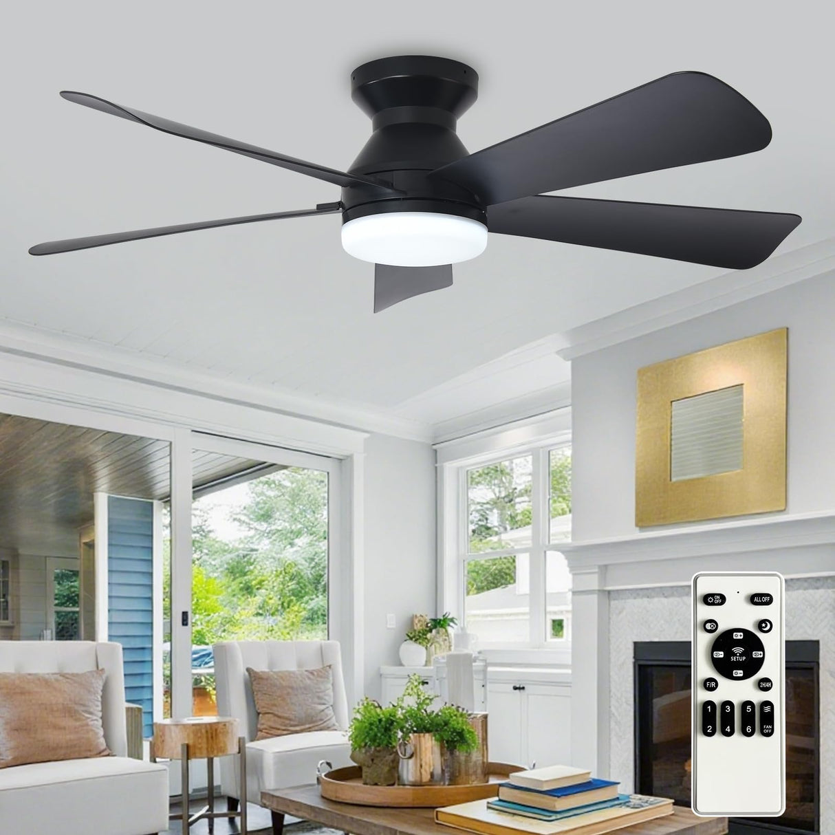 Depuley Modern Ceiling Fan with Light: 42-Inch Black Small Fans for Bedroom Indoor Outdoor - Dimmable Low Profile Ceiling Fans with Remote Control Flush Mount 5 Reversible Black Blades 6 Speeds Timer