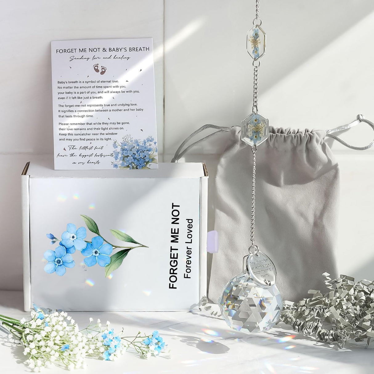 Althgr Miscarriage Memorial Suncatcher Gifts for Mothers Dad, Handmade Forget Me Not Baby's Breath Pressed Flower Miscarriage Ornament, Bereavement Remembrance Gift for Loss of Baby (Blue White)