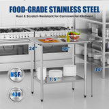 Chingoo Stainless Steel Work Table 24x36 Inch with Adjustable Undershelf & Backsplash, Heavy-Duty Prep Table for Commercial Kitchen, Restaurant, Garage, Outdoor