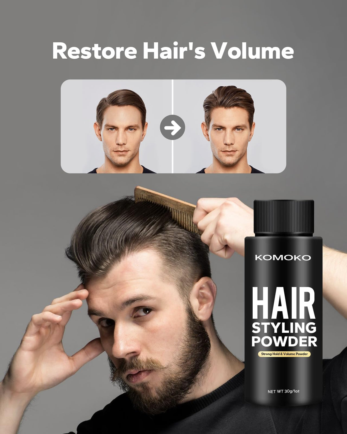Komoko Hair Styling Powder for Men (0.7 oz) - Instantly Volumizing , Matte Finish Texture, for Strong Hold Natural Look