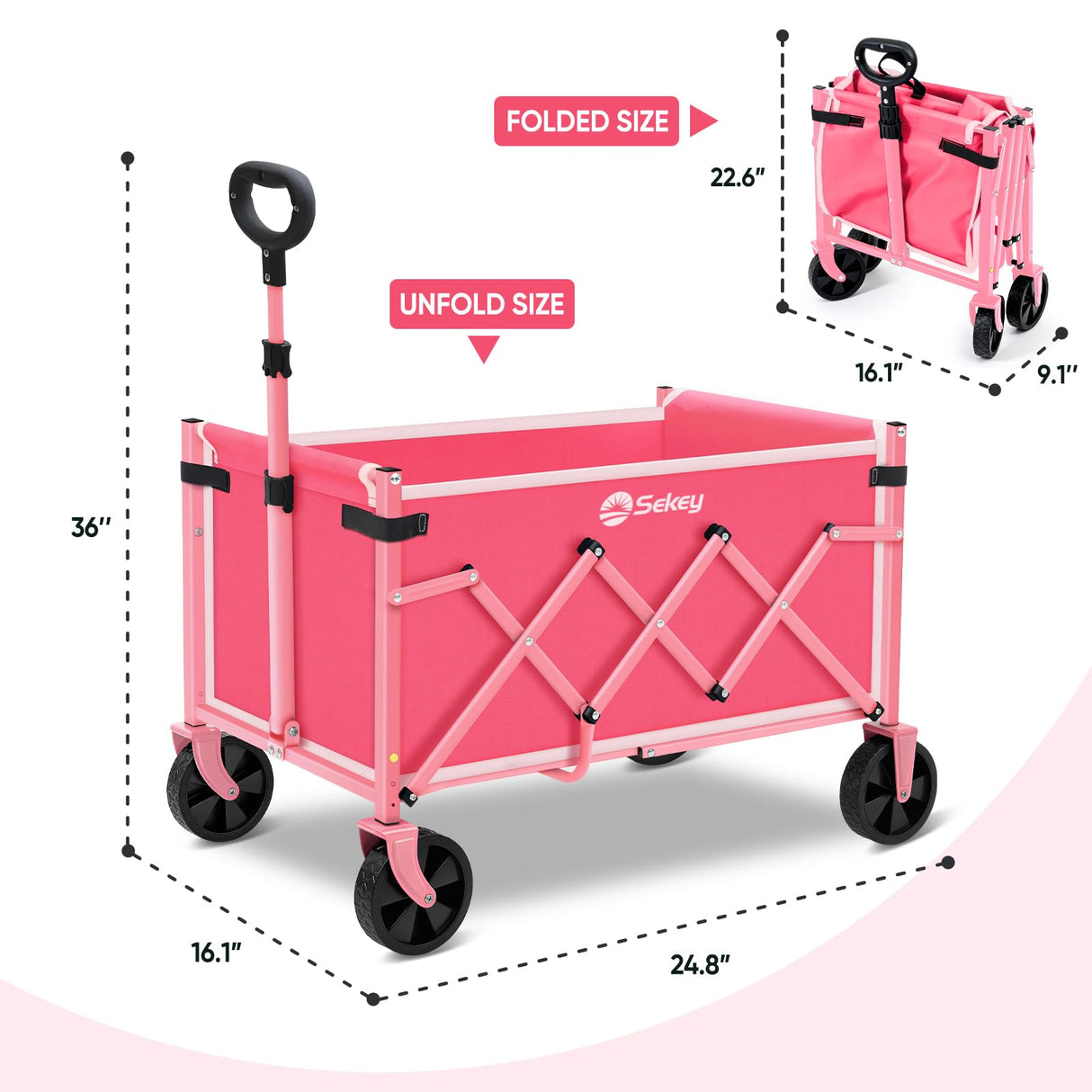 Sekey Wagon Cart with Wheels with 220LBS Capacity,Heavy Duty Wagon Carts Foldable,Lightweight Utility Portable Cart for Grocery, Shopping, Garden, Camping. Pink