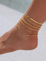 CTEEGN Anklets for Women, 14K Gold Plated 6 Pcs Layered Dainty Anklet Set - Tarnish Resistant Waterproof Brass Ankle Bracelet with Cuban Box Rope Figaro Snake Paperclip Chain, Adjustable 8.5"+2"