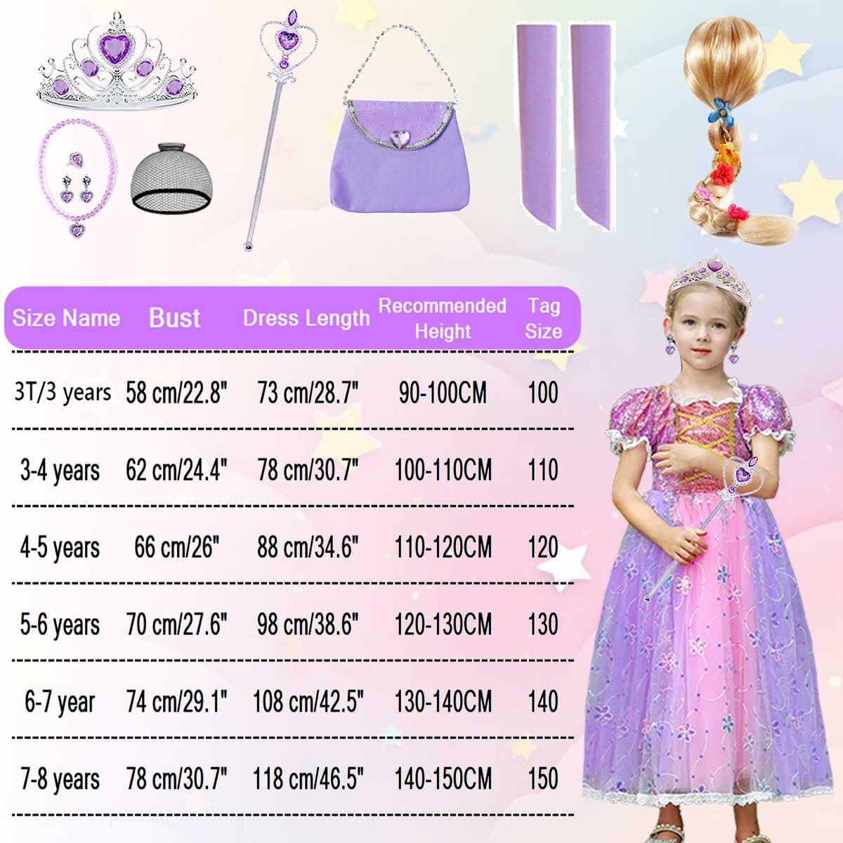 Luzlen Little Girls Princess Costume Kids Fancy Purple Dress for Halloween Party Christmas Carnival, 5-6 Years(Label 130)