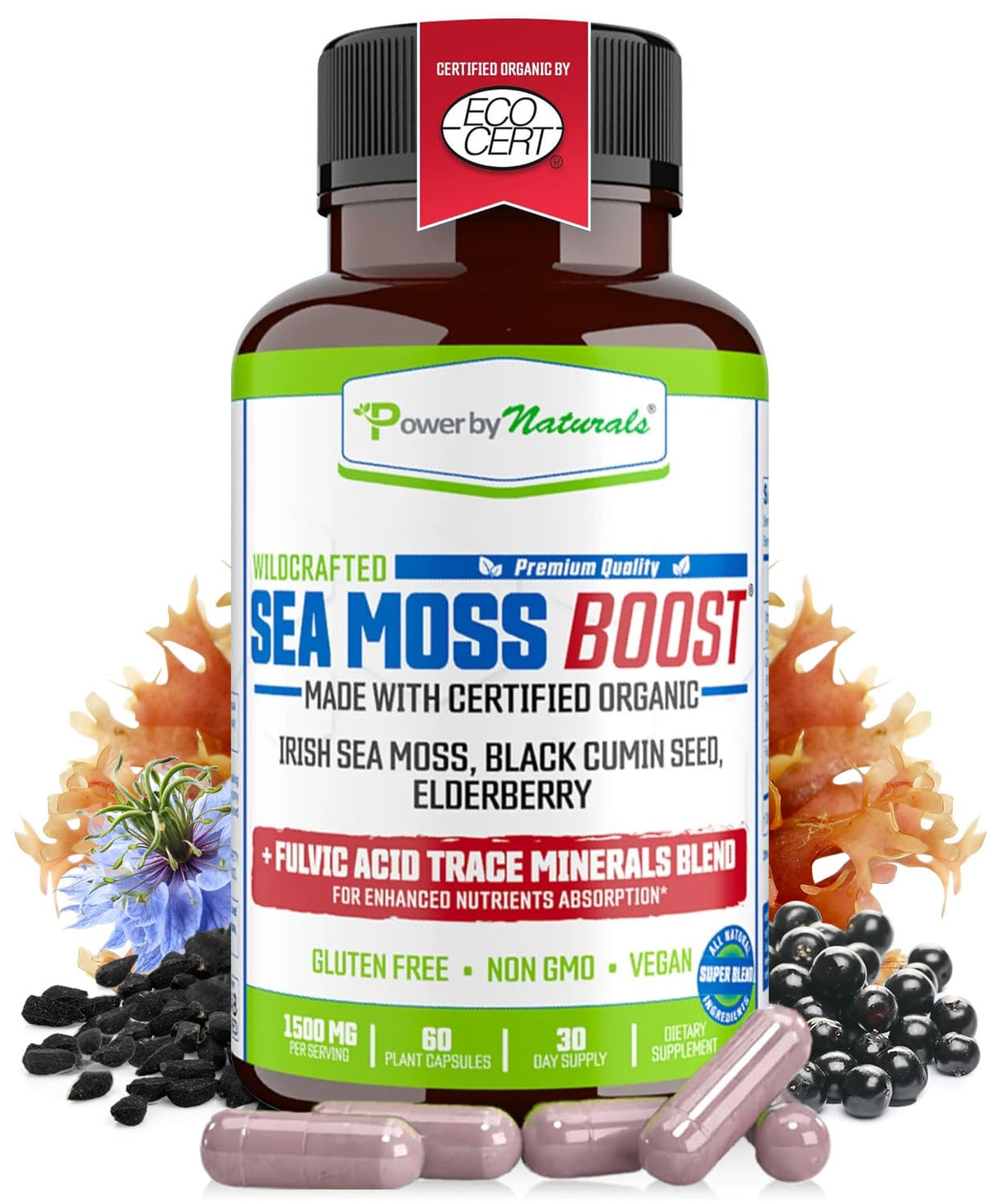 Power By Naturals Sea Moss Advanced with Black Seed Oil & Elderberry Capsules - Certified Organic Irish Sea Moss Capsules for Energy, Gut & Immune Support - Sea Moss Pills with (60+ Minerals) 60 Pills