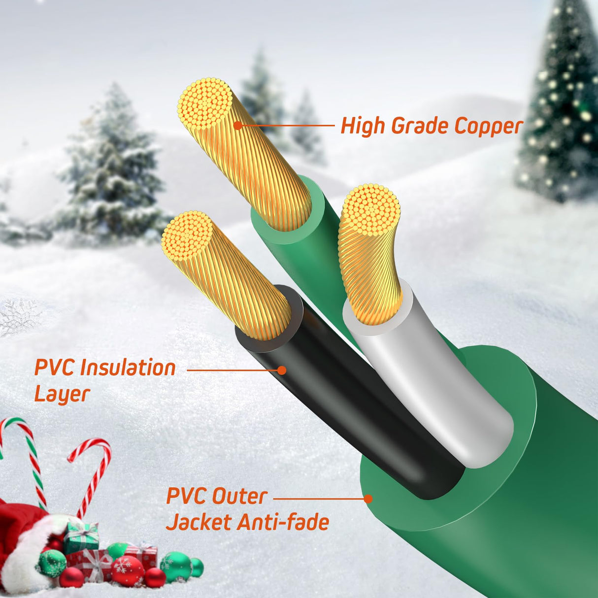 Eversimpleinc 1 to 4 Splitter Extension Cord (Combined 68 FT, End to End 50 FT), 3 Prong Plug with 4 Outlets with Weatherproof Covers for Indoor and Outdoor Holiday Christmas Decroations