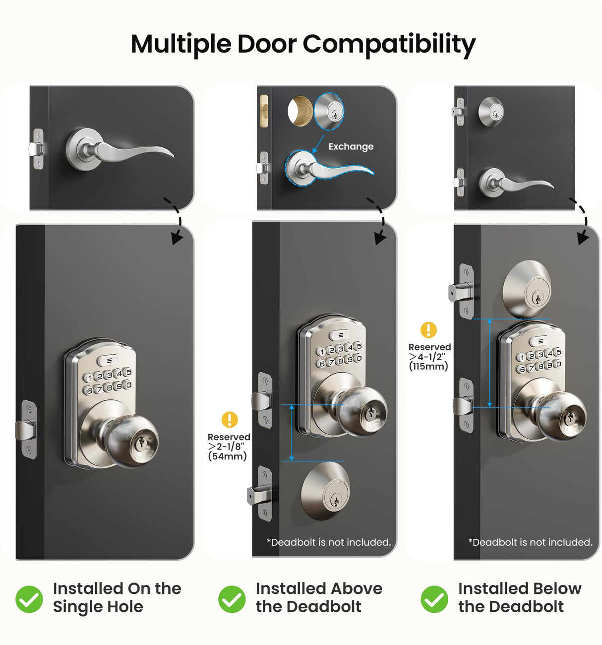 Veise KS03 Keypad Door Knob Lock, Keyless Entry Digital Lock with Handle, Electronic Smart Knob for Front Door & Bedroom, Easy Install, Auto Lock, Passage Mode, Anti-Peeping Password, Satin Nickel