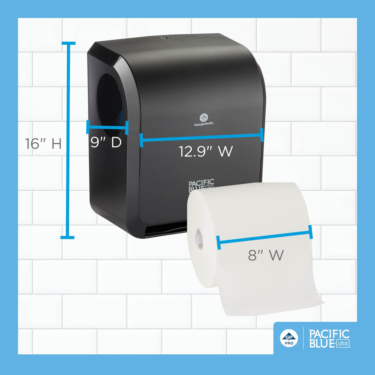 Pacific Blue Ultra 8" High-Capacity Automated Touchless Paper Towel Dispenser Starter Kit by GP PRO (Georgia-Pacific), Black Dispenser (59590) 1 White Towel Roll (26491)