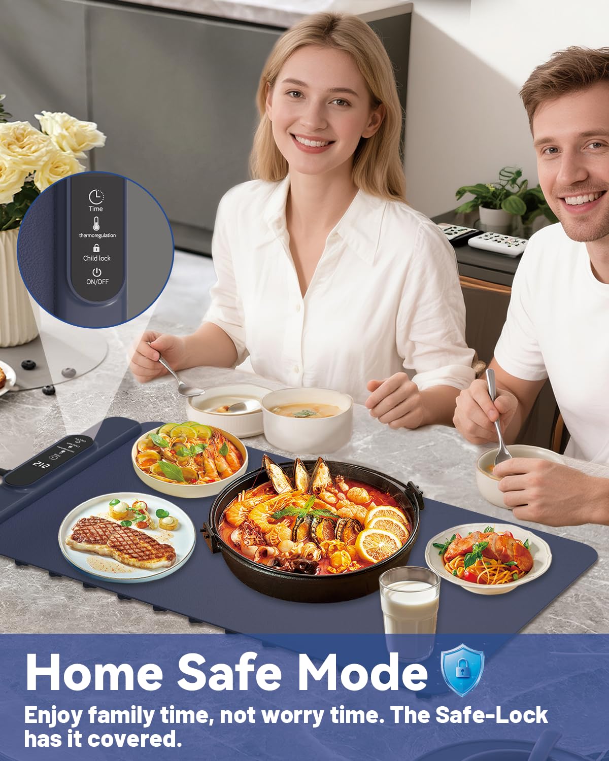 Food Warming Mat Electric Tray: YTLAD Silicone Heating Pad with 6 Level Adjustable Temperature and 5 Hours Timer & Family Lock, Foldable Food Warmers for Parties, Daily Use (Blue, 25.6" x 15.55")