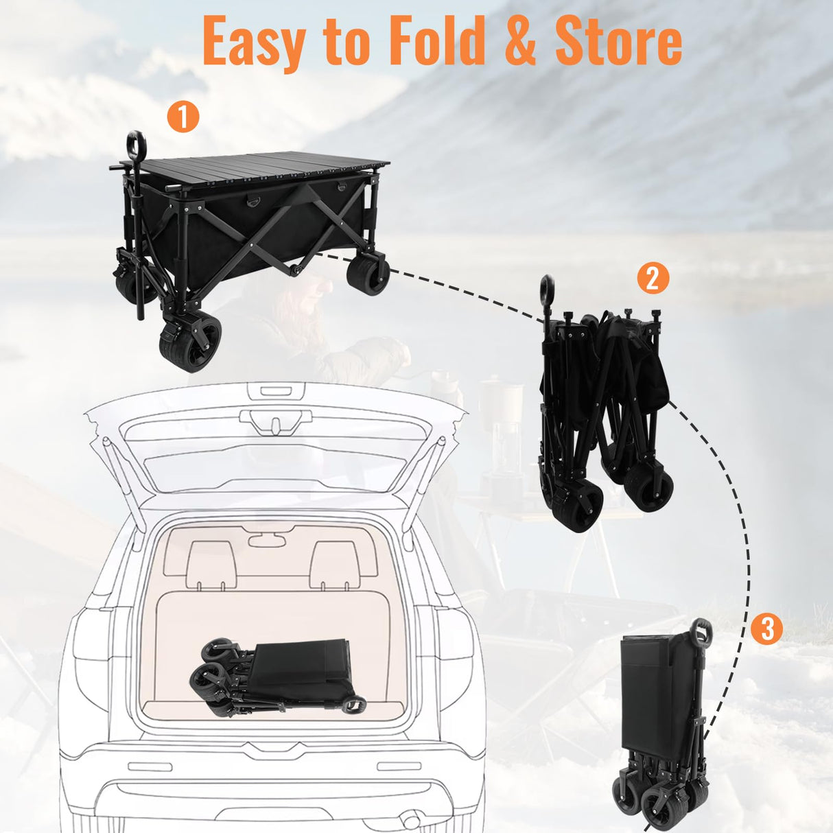 Collapsible Foldable Wagon Cart with Big Wheels and Tabletop, Large Capacity 440Lbs Folding Utility Wagon Carts for Sand, Beach, Camping, Shopping, Sport (Black)