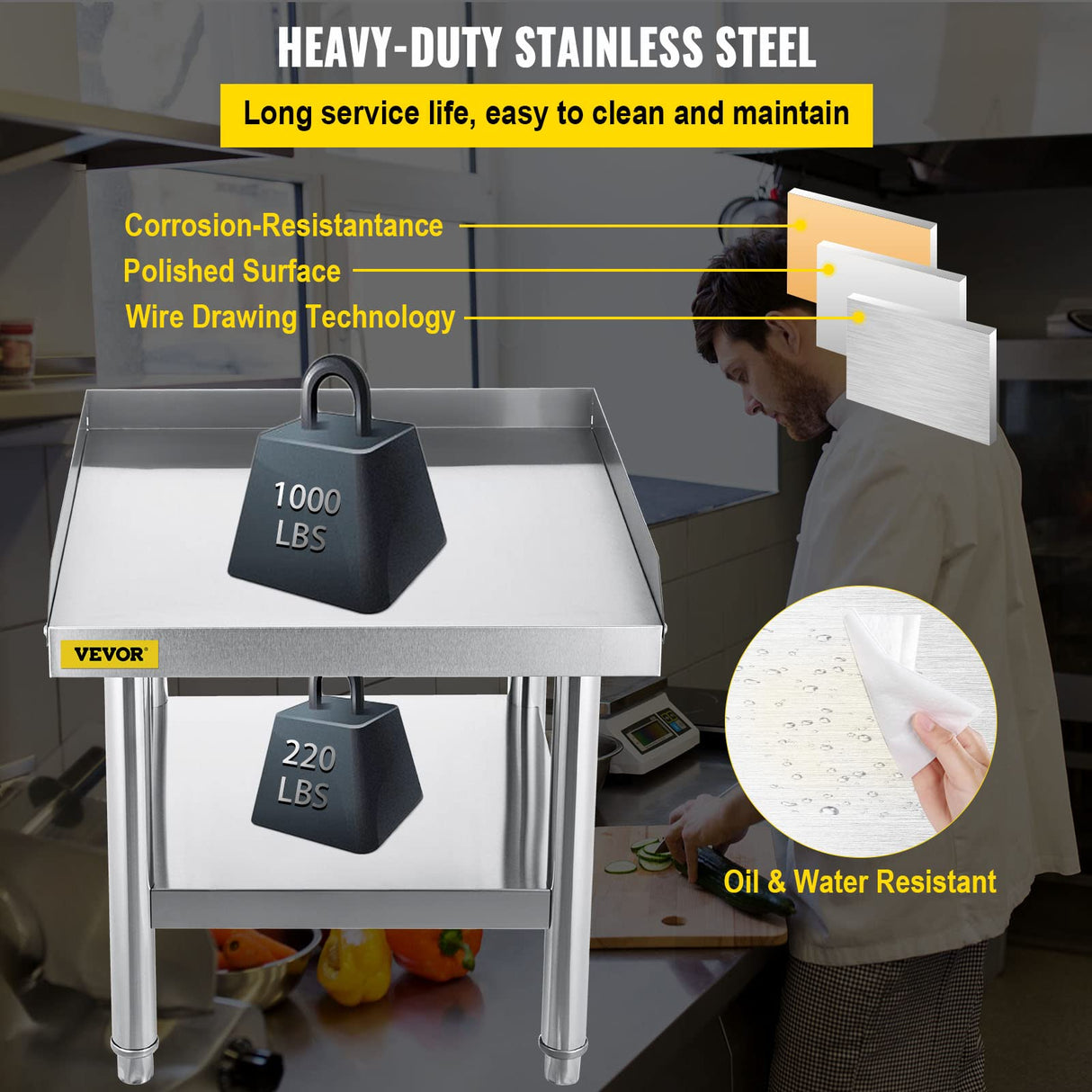 VEVOR Stainless Steel Equipment Grill Stand, 24 x 24 x 26 Inches Stainless Table, Grill Workstations with Adjustable Storage Undershelf, Equipment Stand Grill Table for Hotel, Home, Restaurant Kitchen