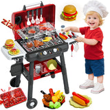 Kids Grill Playset, BBQ Toy Grill with Smoke Sound Light and Wheel, Movable Pretend Play Kitchen Toys Grills for Toddlers 3-5, 2-Layer Barbecue Play Food Christmas Birthday Gifts for Grandkids