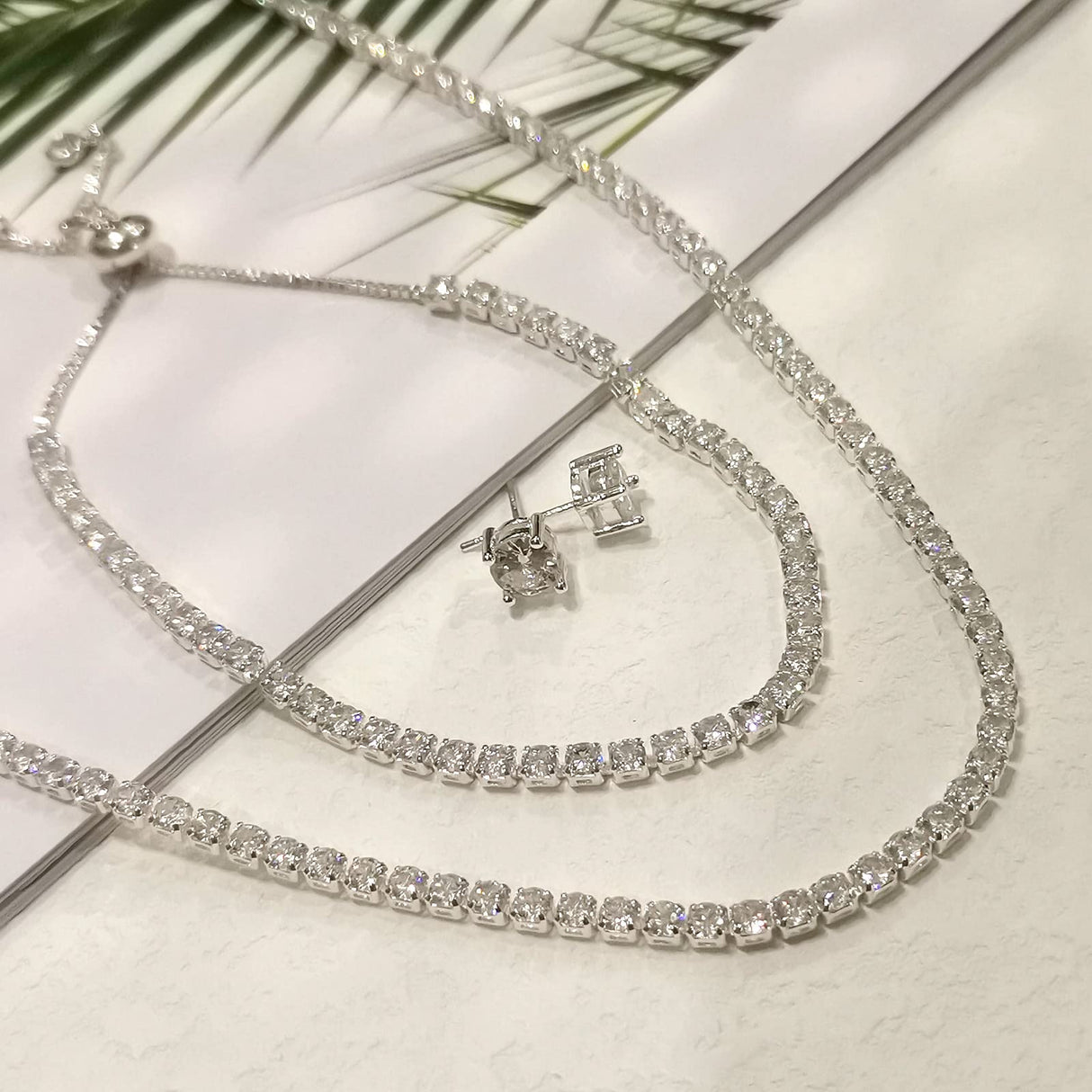 HAXIYA Tennis Necklace Set for Women Crystal Bracelet Imitation Diamond Earrings Wedding Jewelry for Bride Sterling Silver Plated Jewelry Sets Pack of 3 Gift
