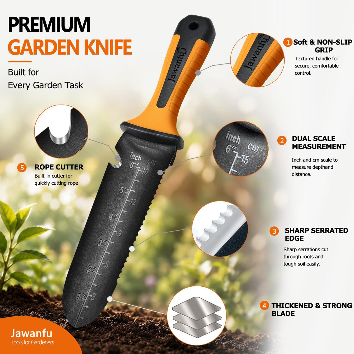 Jawanfu Garden Knife, Hori Hori Garden Tool for Digging, Weeding, Planting