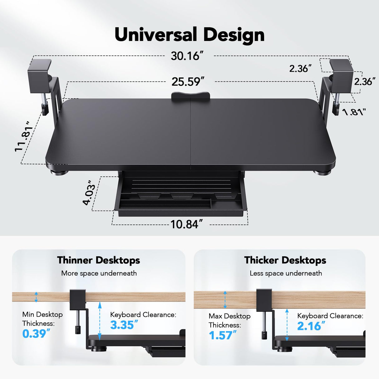 HUANUO Large Under Desk Keyboard Tray with Sturdy C-Clamp Mount, 26 (30.16" Including Clamps) x 12 inch Slide-Out Platform Computer Desk Heavy Duty Keyboard Tray with Storage Drawer for Typing, Black