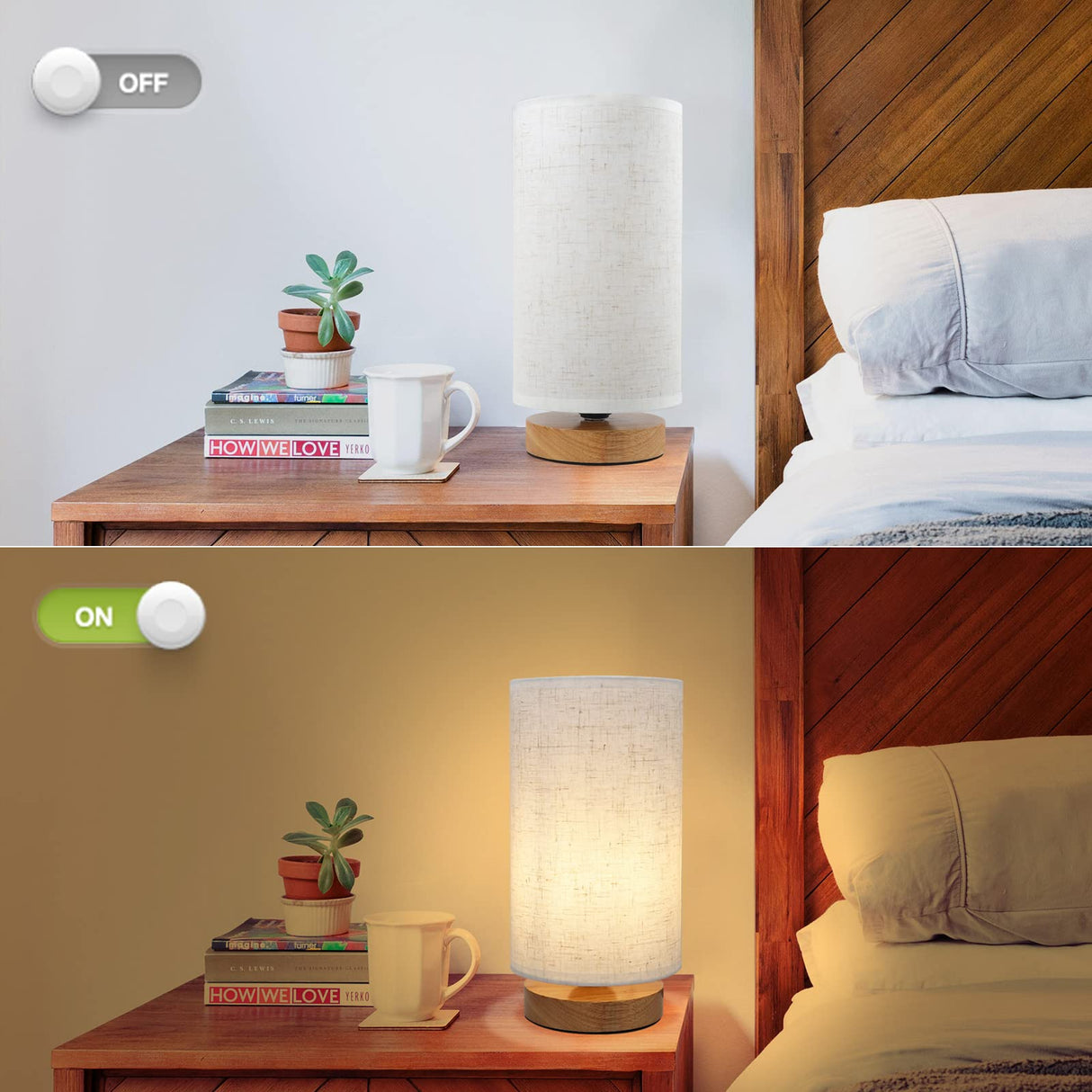 6.3in Bedside Table Lamp for Bedroom, Minimalist Nightstand Lamp with Round Fabric Linen Shade,Study Reading Desk Lamp for Kids Room, Night Table Lamp for Living Room, College Dorm, Home, Office