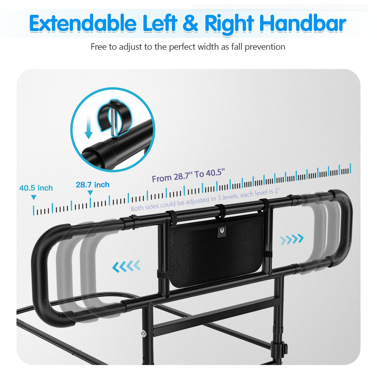 FORTEMOTUS Bed Rails for Elderly Adults Safety Foldable - Heavy Duty Bed Assist Rails for Senior, with Extendable Bed Guard Rails, Adjustable Heights, Storage Pocket& Safety Belt, can Withstand 450LB