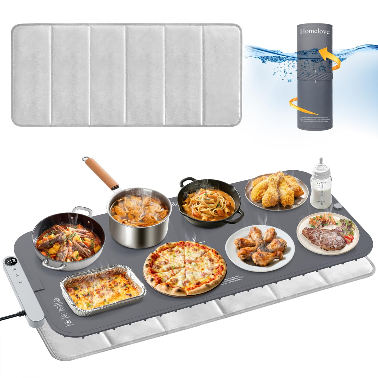 Homelove Warming Mat for Food - Electric Warming Tray with 6-Level Temperature and Hours Setting, Full Surface Graphene Heating, Waterproof Dishwasher-Friendly Food Warmer for Parties, Kitchen (Gray)