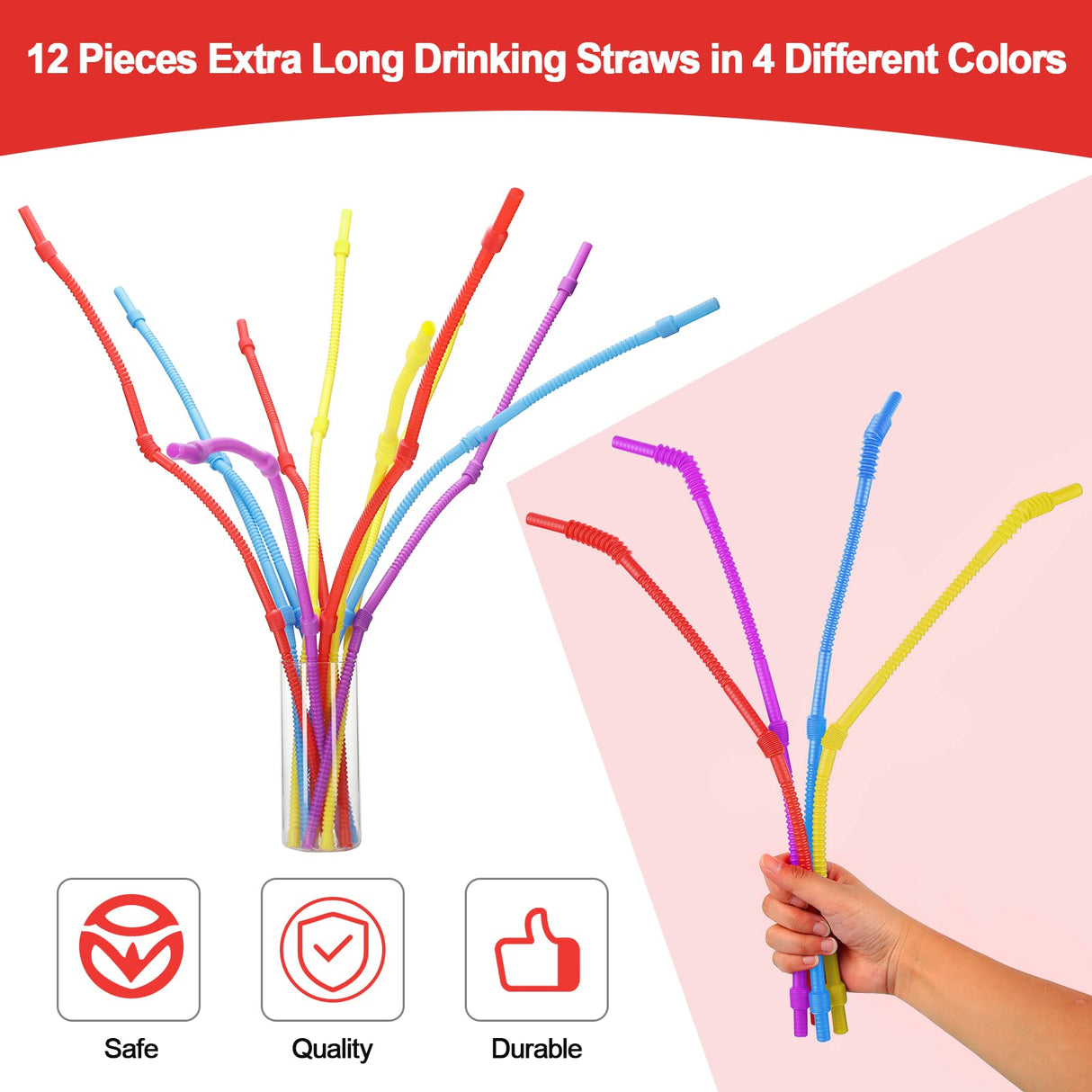 Geiserailie 12 Pieces Flexible Drinking Straws Extra Long Bendy Plastic Straws for Party Camping Limited Mobility Situations Dishwasher(Red, Yellow, Blue, Purple, 28 Inches)