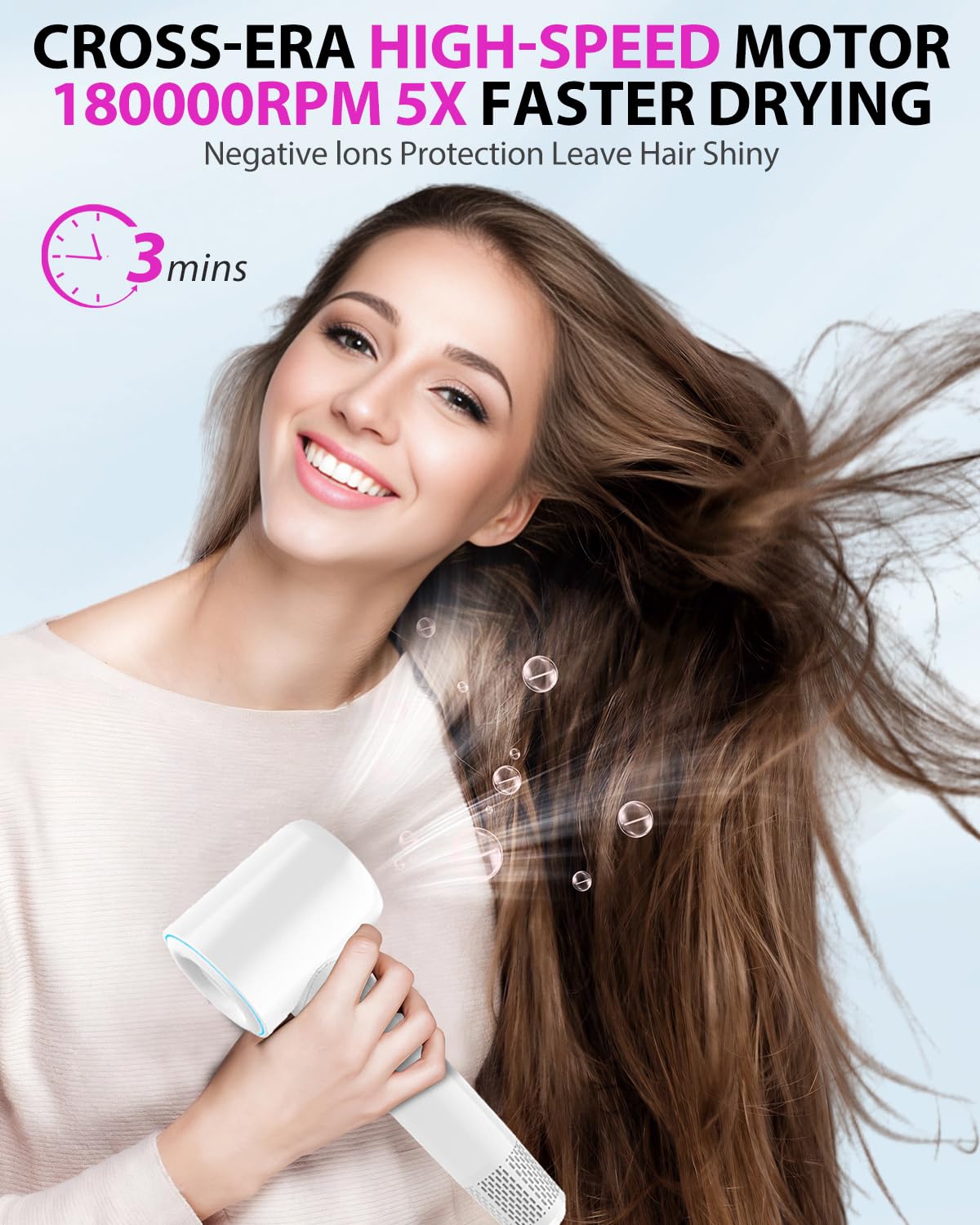 Hair Dryer Blow Dryer,180000 RPM High-Speed Brushless Motor 500 Millions Negative Ionic hairdryer for Fast Drying, Quiet Thermo-Control Hair dryers for Women Home Travel Salon (White)