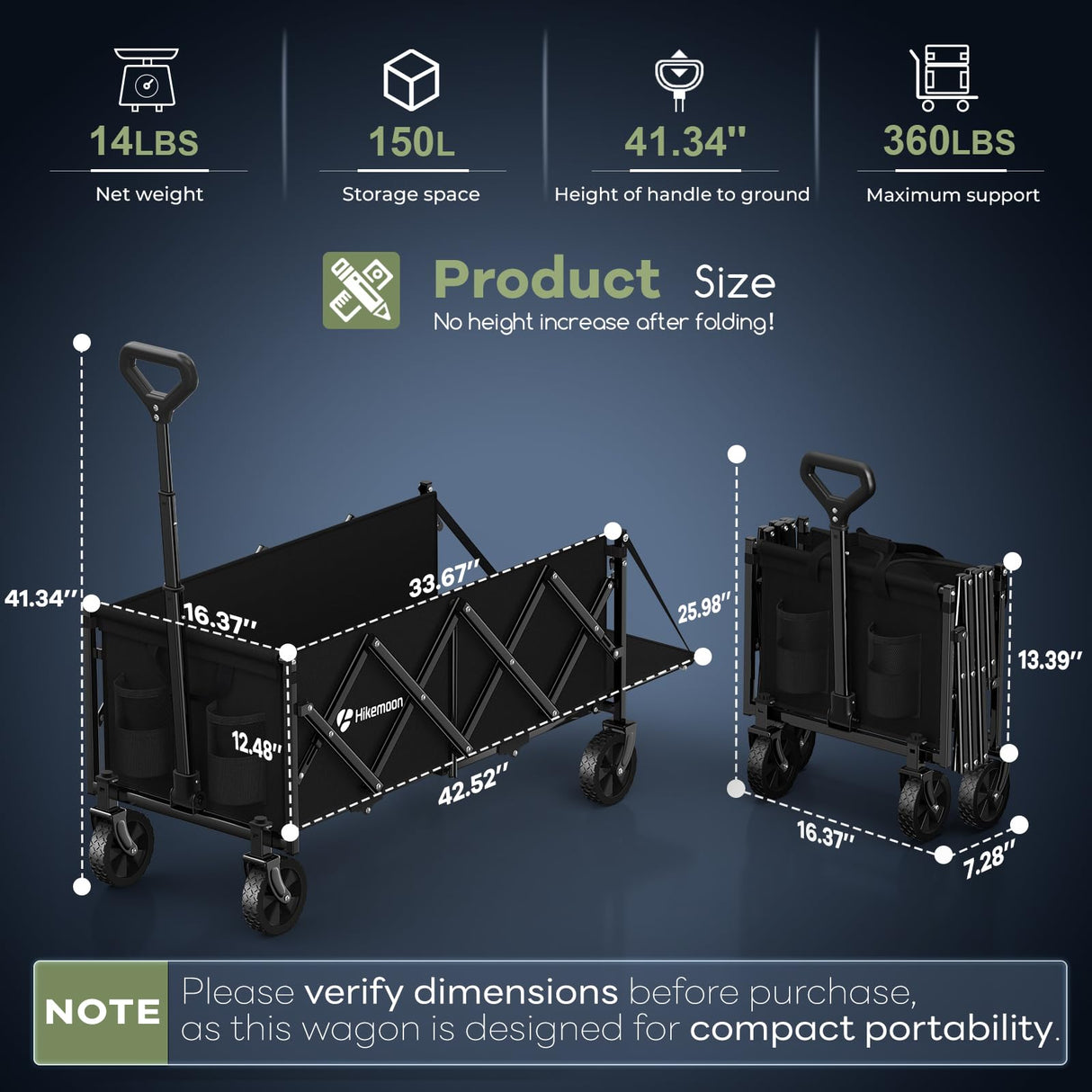 HIKEMOON 43'' Extra Long Folding Wagon with Extended Tailgate, Black