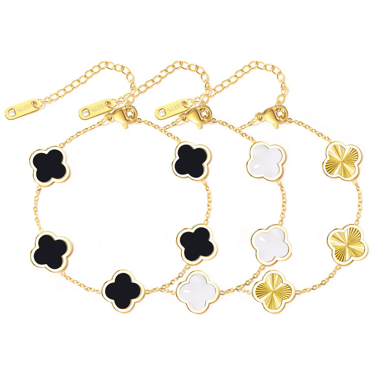 WSupikio 3PC Clover Bracelets Set 18k Gold Plated Lucky Clover Bracelet Women Adjustable Link Bracelets Cute Gold Jewelry (Gold)