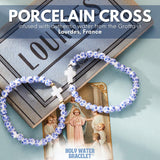 Holy Water Porcelain Cross Bracelet in Silver, Blue Floral Beads, Women