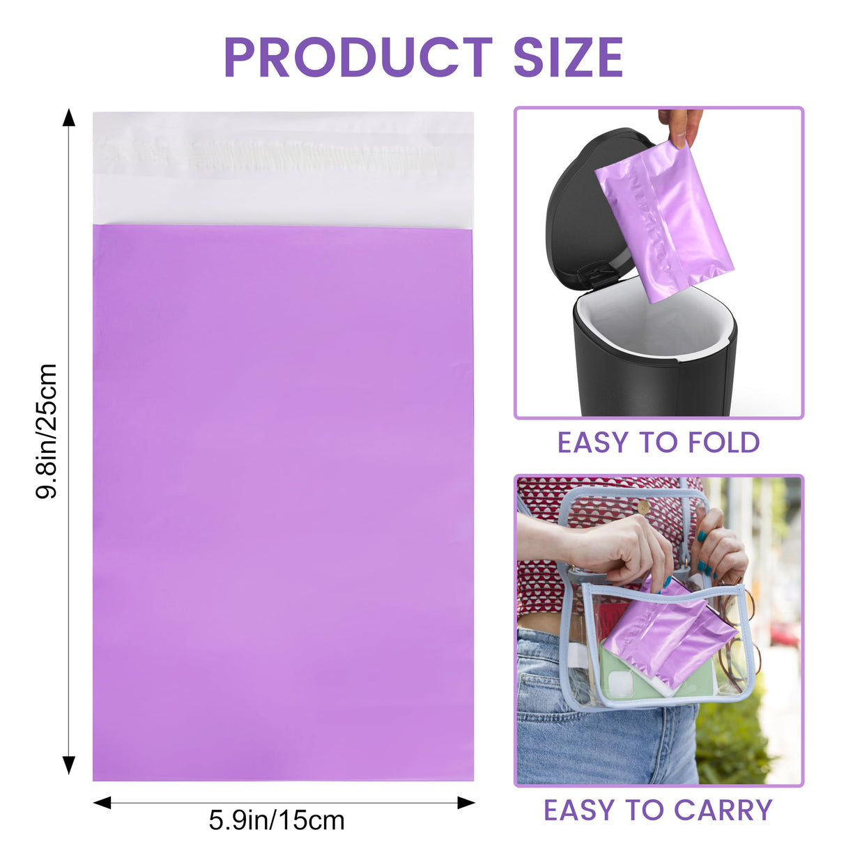 Disposable Sanitary Bags, 300 Pcs, Purple, Self-sealing, Odor-proof, Rectangular, Plastic, 10" x 6" Bags for Feminine Hygiene, Personal Waste, or Pet Waste
