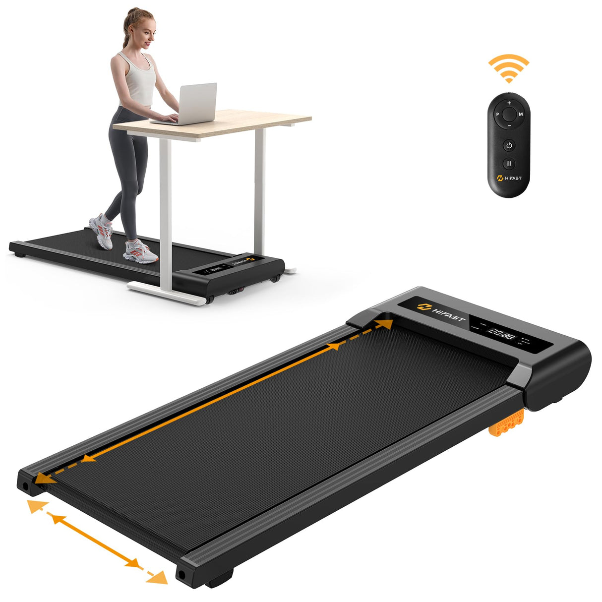 HiFast Walking Pad, Under Desk Treadmill for Home Office, 300 Lbs Capacity Portable Treadmills with Remote Control & LED Display, 2.5HP 2 in 1 Treadmill for Walking Jogging and Running (Black)