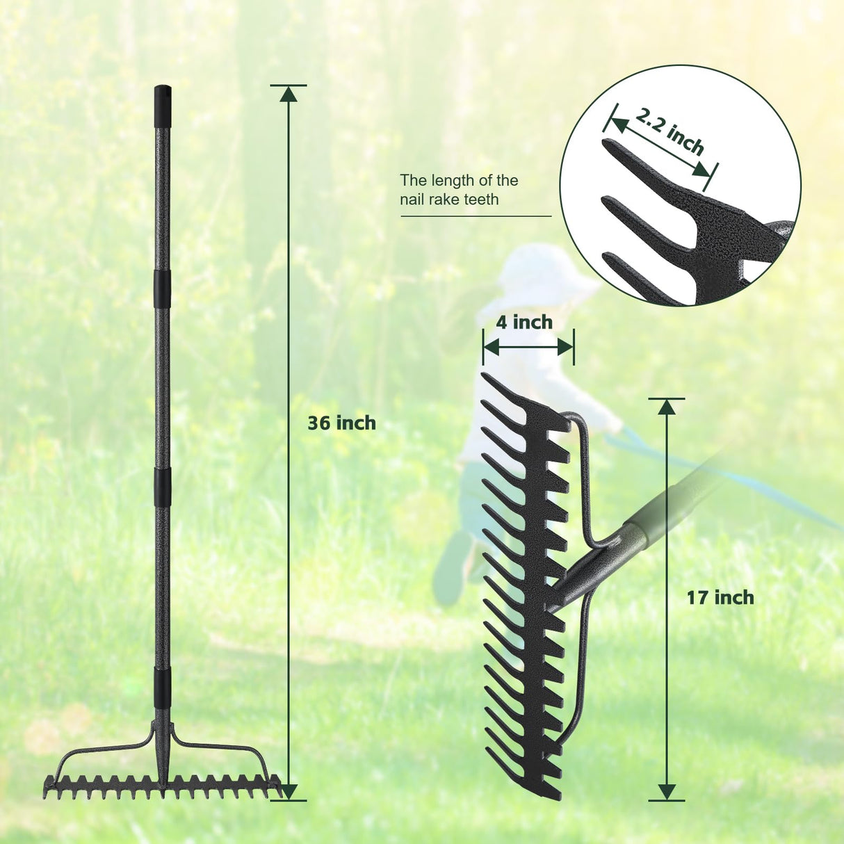 JAOTREL 49'' Bow Rake Heavy Duty Garden Rake with Stainless Steel Handle, Tines Metal Head Rake Tool for Loosening Soil Gathering Leaf Leveling Lawn Farming Land Management Yarn Thatch Rake