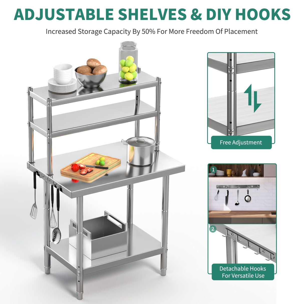 YITAHOME NSF Stainless Steel Table with Overshelves, 30" X 24" Work Table with 30" X 12" Shelf, Metal Table Prep Table for Home Kitchen Restaurant Garage Warehouse