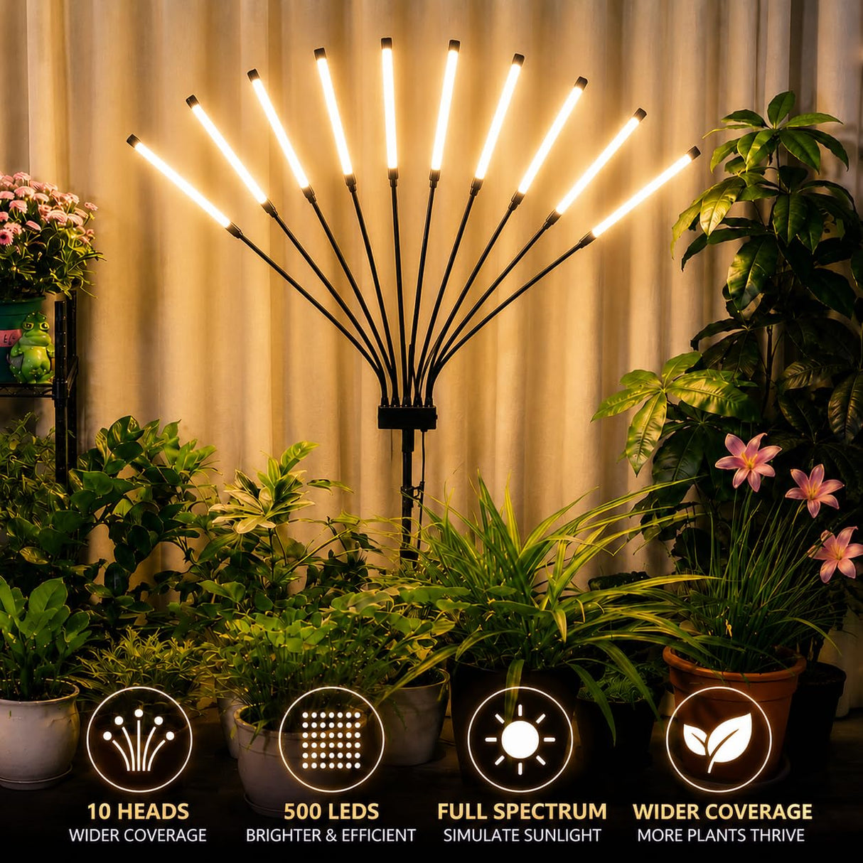 Grow Lights for Indoor Plants [ 10 in1 ] 500 LEDs, Full Spectrum Grow Light for Indoor Growing with Tripod Stand, Auto On/Off Timing 4/8/12H, Plant Grow Lights Indoor.