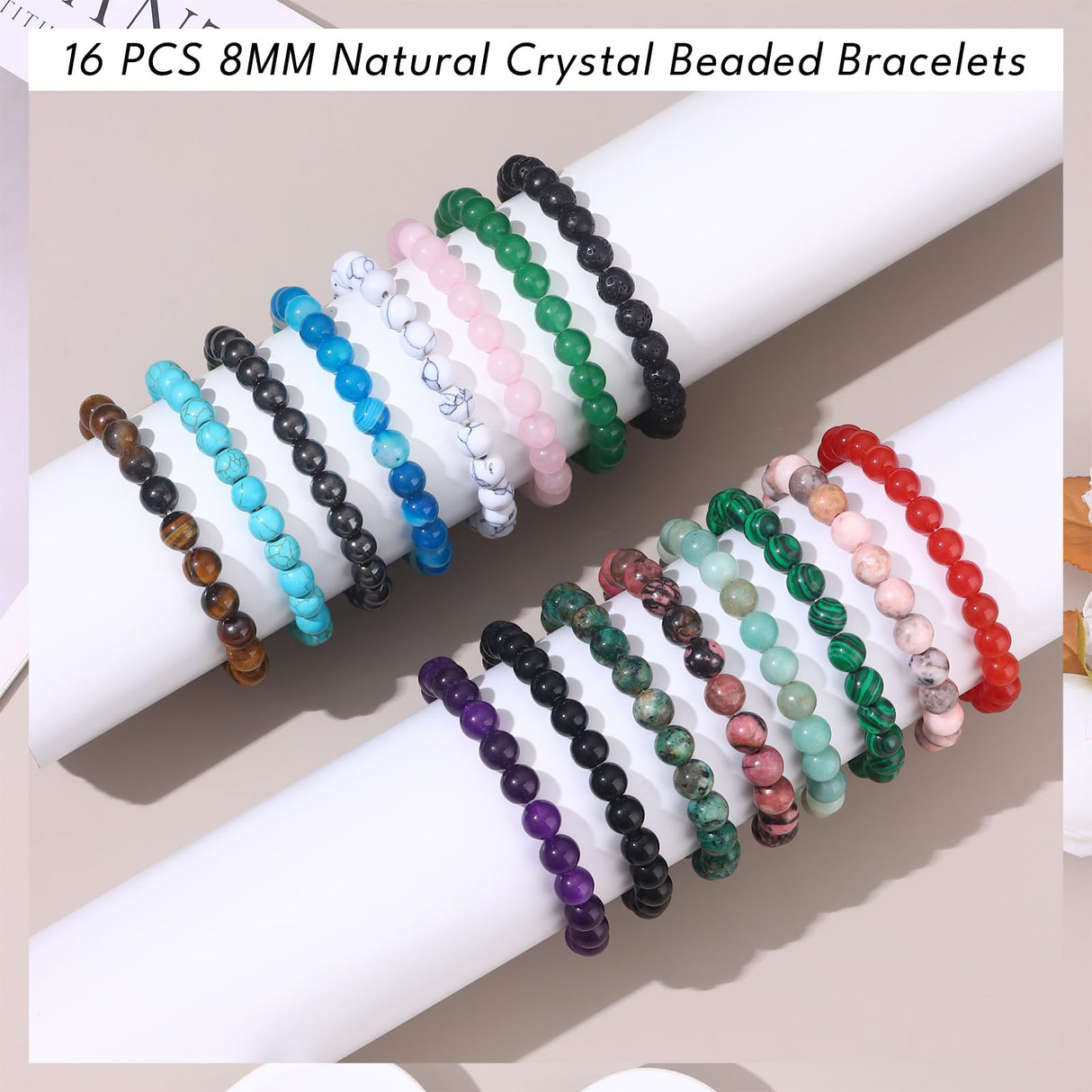 FINZOR 16 PCS Healing Crystal Bracelet for Women Men 8mm Natural Stone Beaded Bracelets Round Gemstones Stretch Bead Bracelet Birthday Gifts