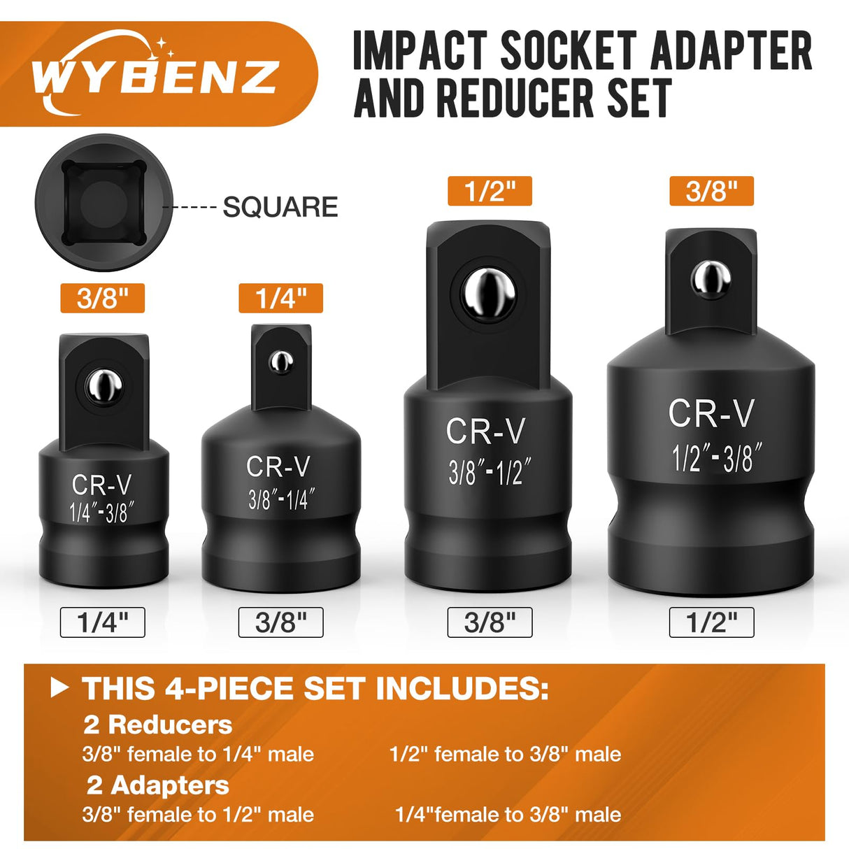 WYBENZ 6PCS Impact Socket Adapter and Reducer Set, 1/4" 3/8" 1/2" 3/4" Impact Adapter Set with Storage Case, Impact Driver & Wrench Conversion Kit Socket Reducer Set Mechanic tools