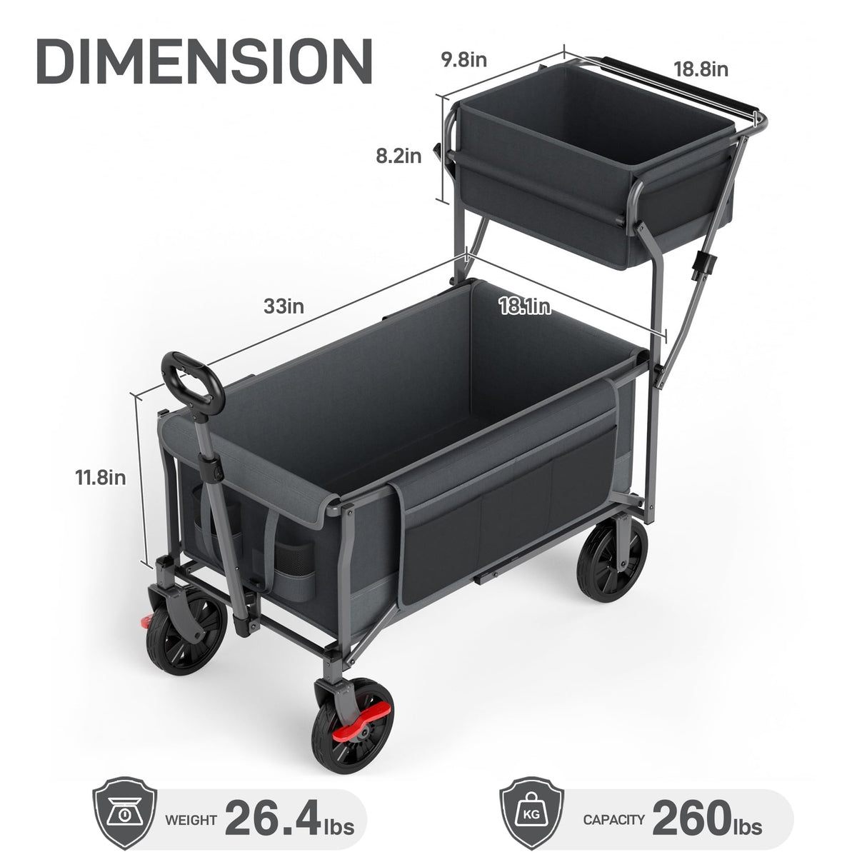 EVER ADVANCED Collapsible Push & Pull Shopping Cart with Wheels & Brakes, Foldable Wagon for Groceries with Practical Basket, Side Pockets & Cup Holders, Beach Utility Rolling Cart for Camping, Grey