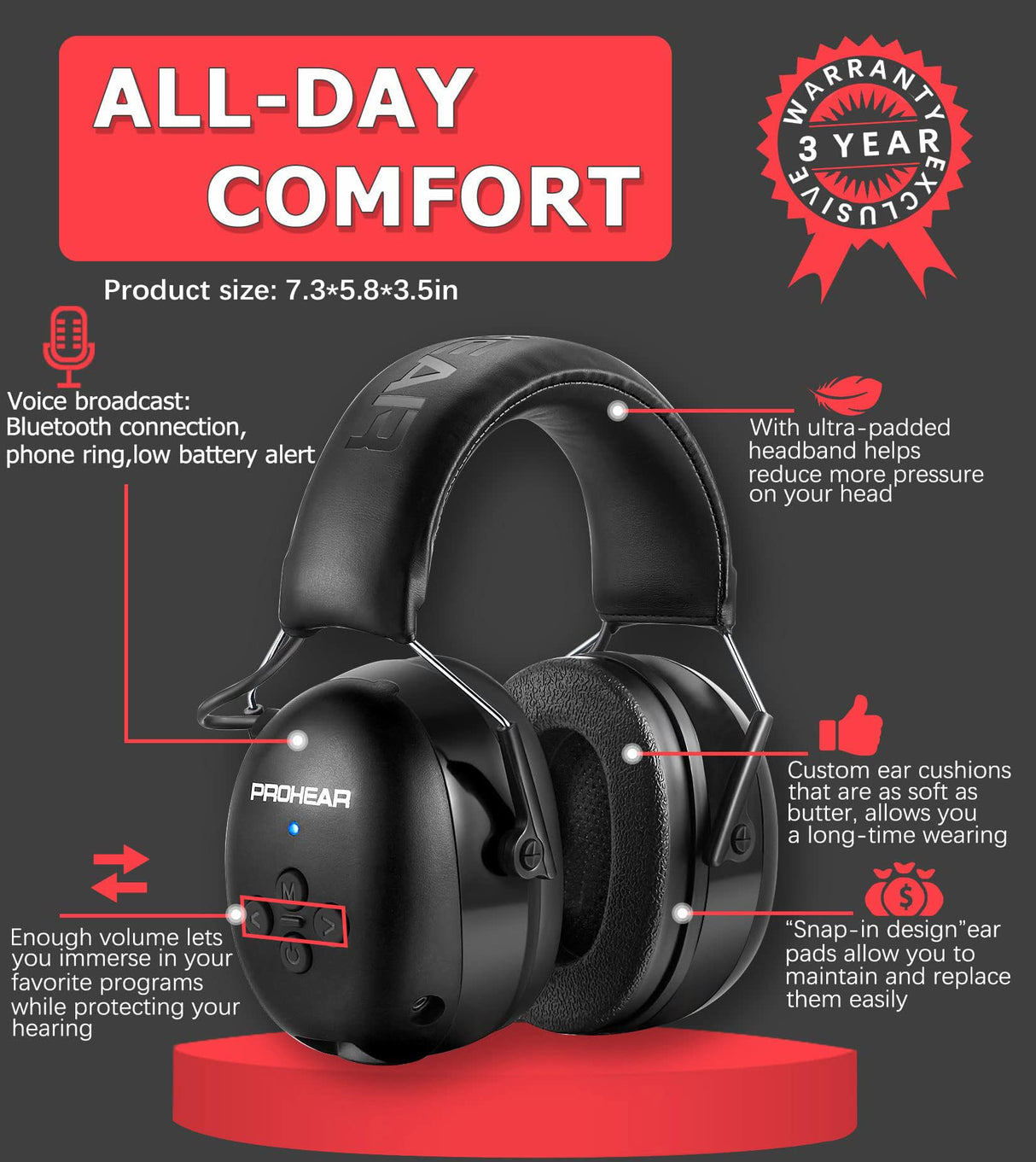 PROHEAR 037 2 Pack Bluetooth 6.0 Hearing Protection Headphones with Rechargeable, 30dB SNR Safety Noise Reduction Ear Muffs for Mowing Workshops Snowblowing, Black and Orange