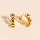 Oh Clementine 3D Sunflower Huggie Hoop Adjustable Clasp Earrings for Women- 316L Stainless Steel with 18k PVD Gold Coating