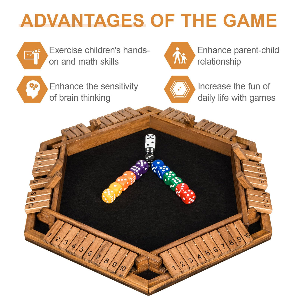 BIVOMON 1-6 Players Shut The Box Dice Game, Wooden Board Table Math Game for Kids Adult with 24 Dice, Close The Box Game for Family, Party, Christmas, Birthday