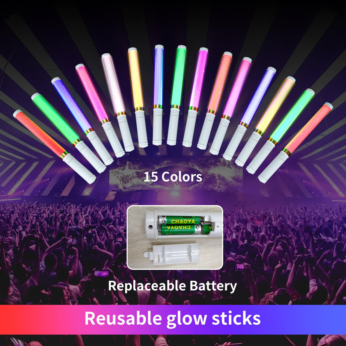 Bsgifts LED Glow Sticks 6 Pack, Reusable Light Up Toys 15 Colors Light Stick Bulk, Glow Party Supplies for Wedding, Birthday, Raves, Concert, Camping, New Year, Halloween, Christmas (with AAA Battery)
